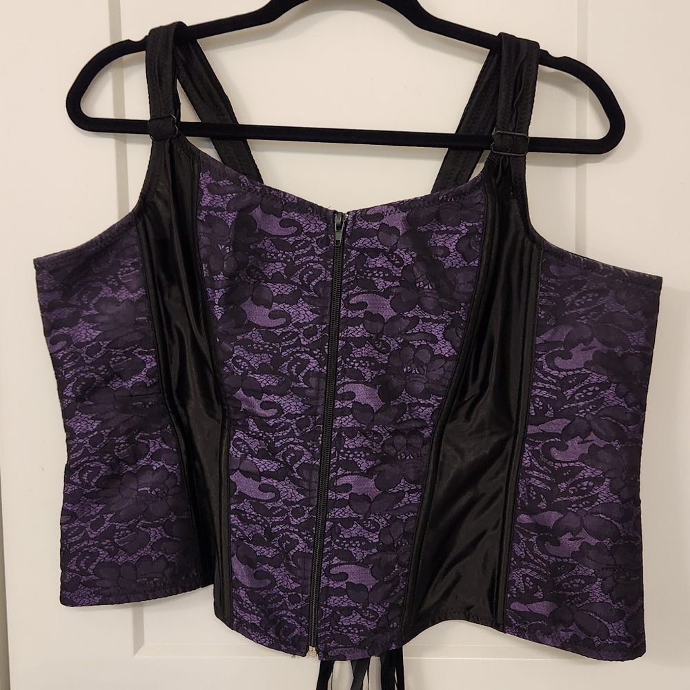 Dark purple floral lace zip corset top